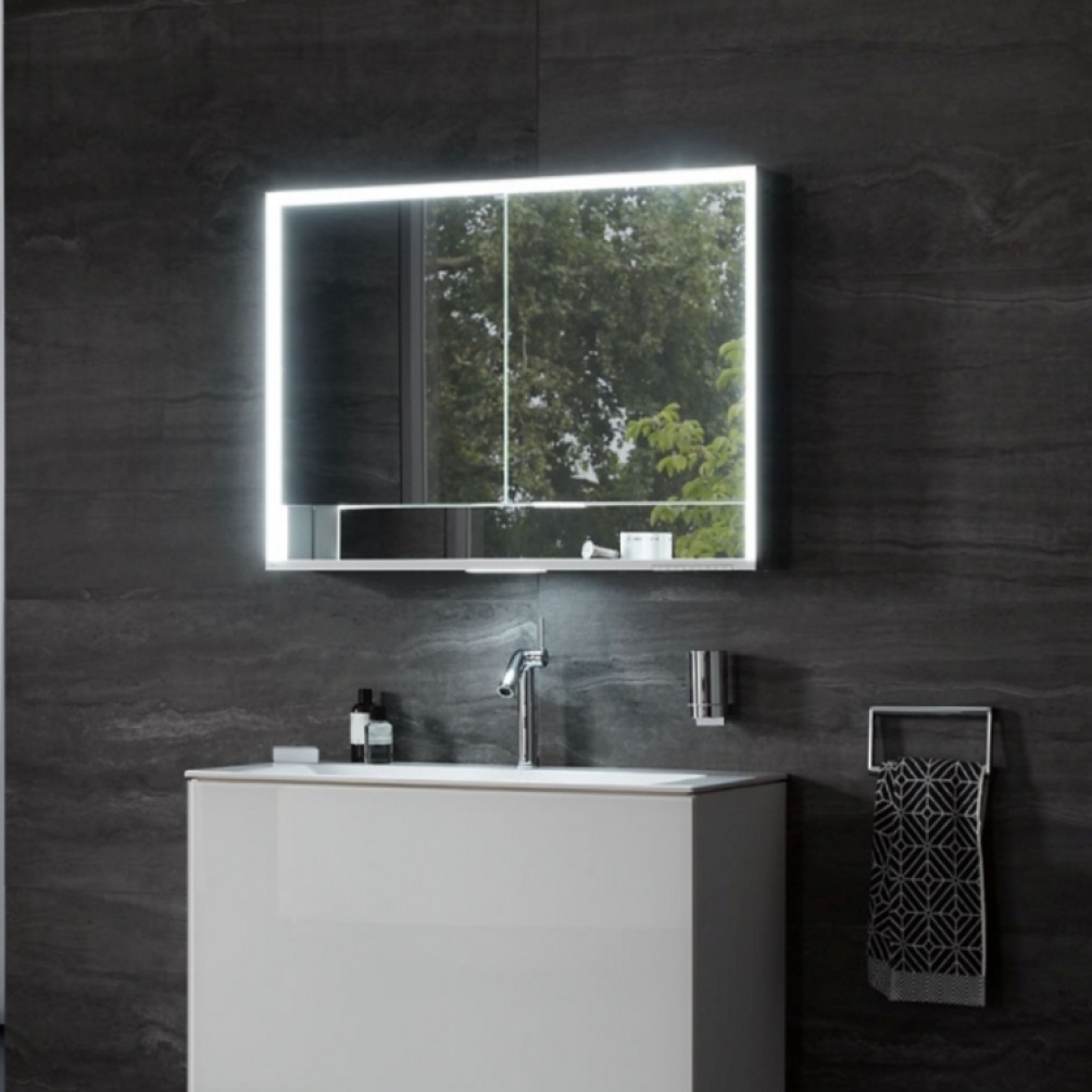 Product Lifestyle image of Keuco Royal 800mm Lumos Double Recessed Mirror Cabinet 14312 171331 emitting daylight white light